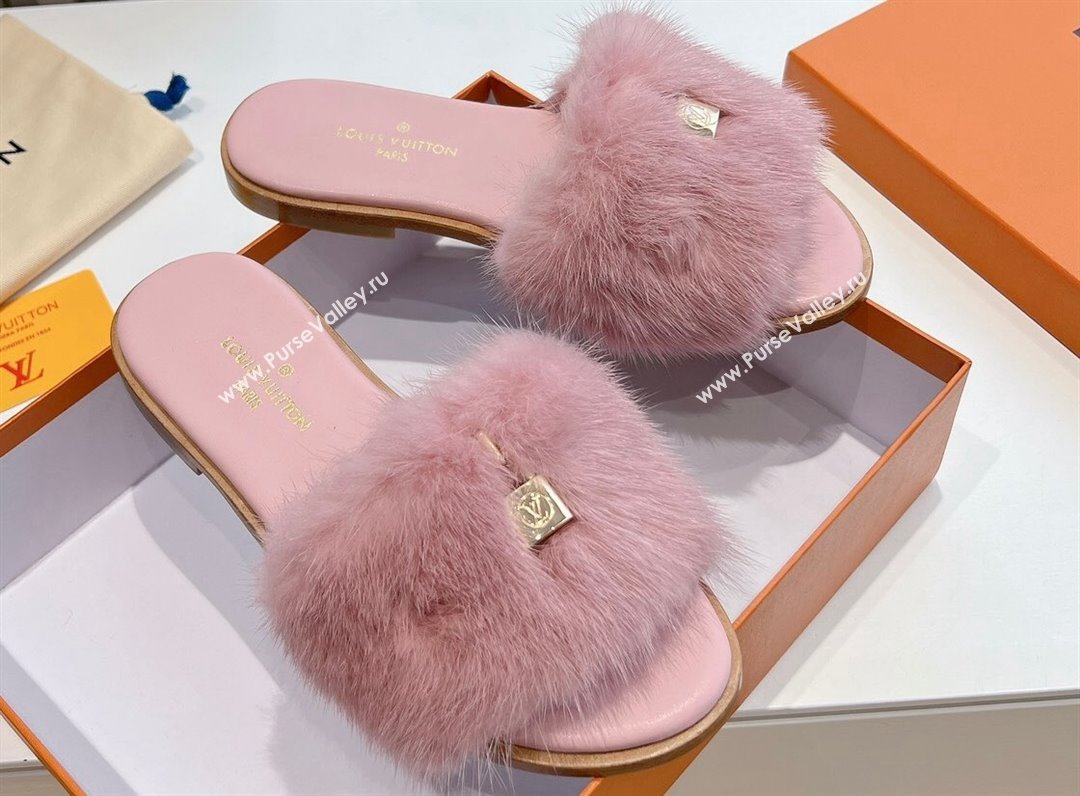 Louis Vuitton Mink Fur Lock It Flat Mules Pink 2024 (kaola-24030618)