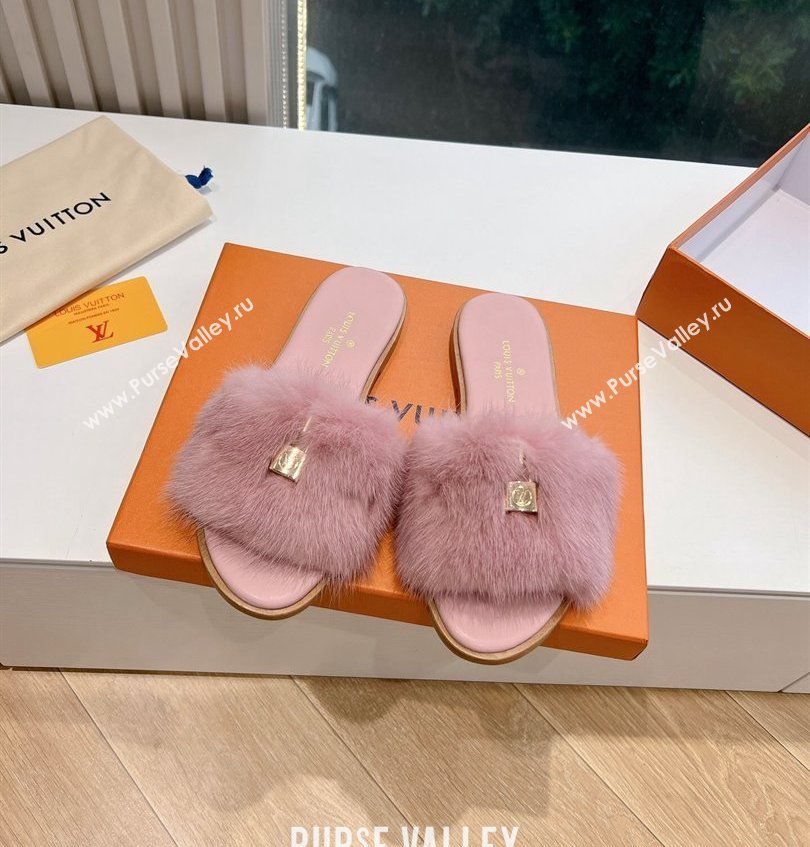 Louis Vuitton Mink Fur Lock It Flat Mules Pink 2024 (kaola-24030618)