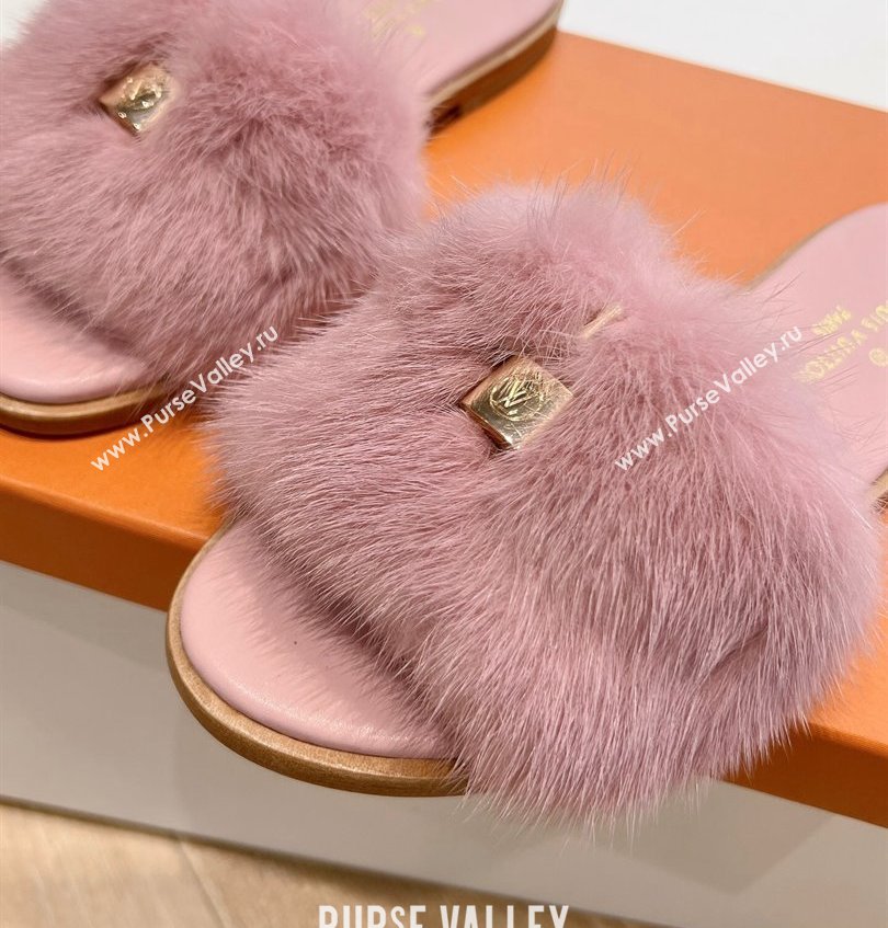 Louis Vuitton Mink Fur Lock It Flat Mules Pink 2024 (kaola-24030618)