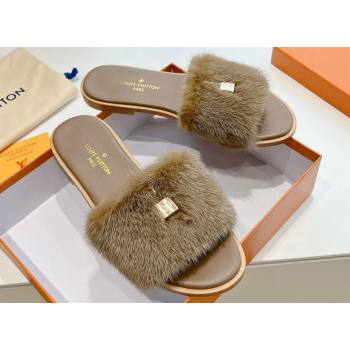 Louis Vuitton Mink Fur Lock It Flat Mules Camel 2024 (kaola-24030619)