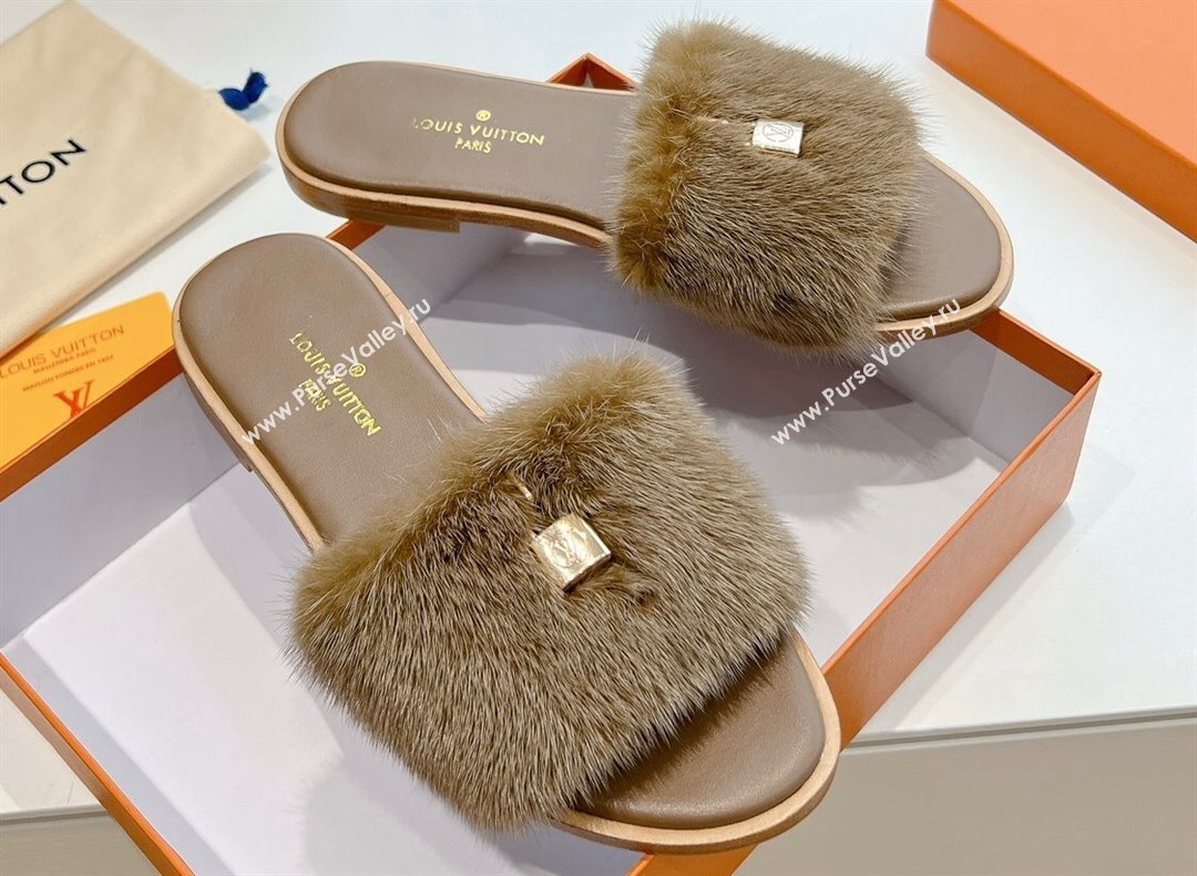 Louis Vuitton Mink Fur Lock It Flat Mules Camel 2024 (kaola-24030619)