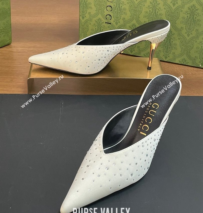 Gucci Heel 8.5cm crystal-embellished Satin Mules White 2024 (kaola-24030638)