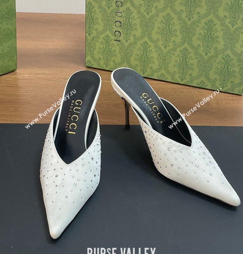 Gucci Heel 8.5cm crystal-embellished Satin Mules White 2024 (kaola-24030638)