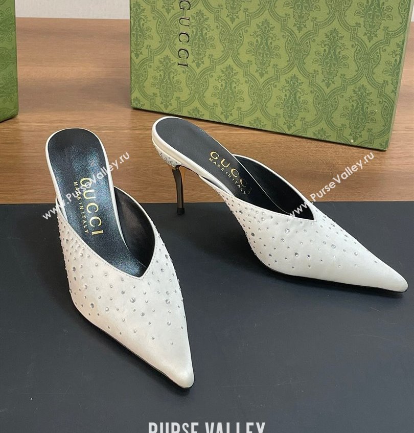 Gucci Heel 8.5cm crystal-embellished Satin Mules White 2024 (kaola-24030638)