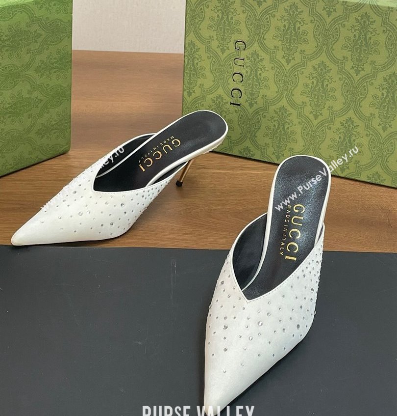 Gucci Heel 8.5cm crystal-embellished Satin Mules White 2024 (kaola-24030638)