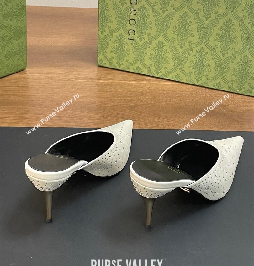 Gucci Heel 8.5cm crystal-embellished Satin Mules White 2024 (kaola-24030638)