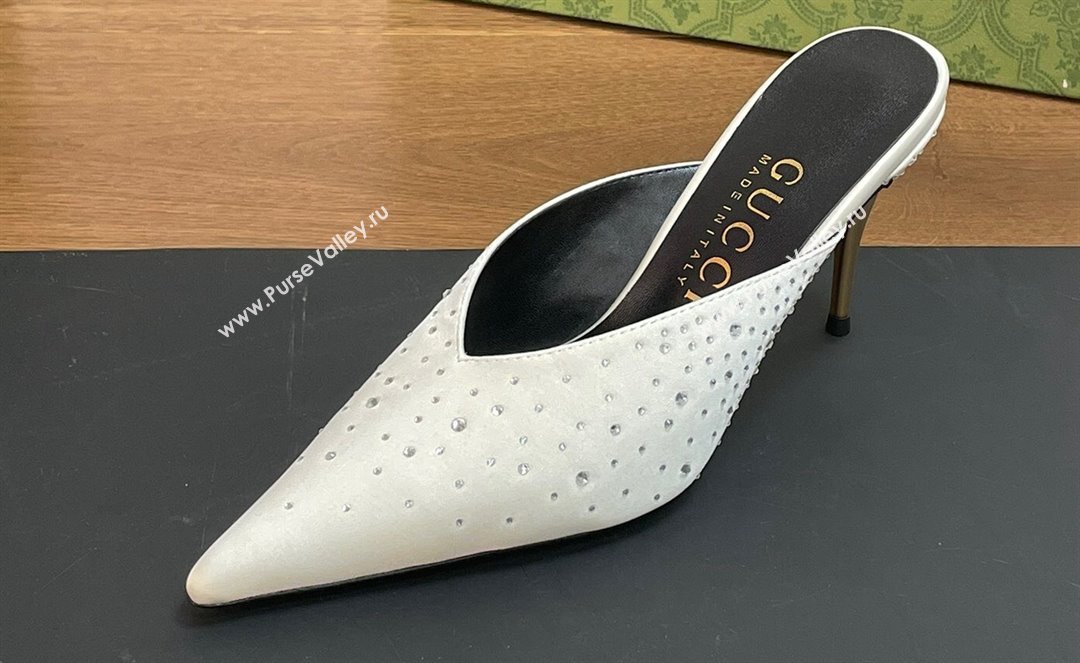 Gucci Heel 8.5cm crystal-embellished Satin Mules White 2024 (kaola-24030638)