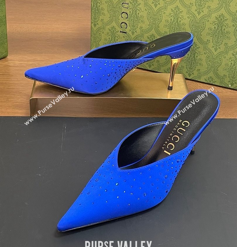 Gucci Heel 8.5cm crystal-embellished Satin Mules Blue 2024 (kaola-24030639)