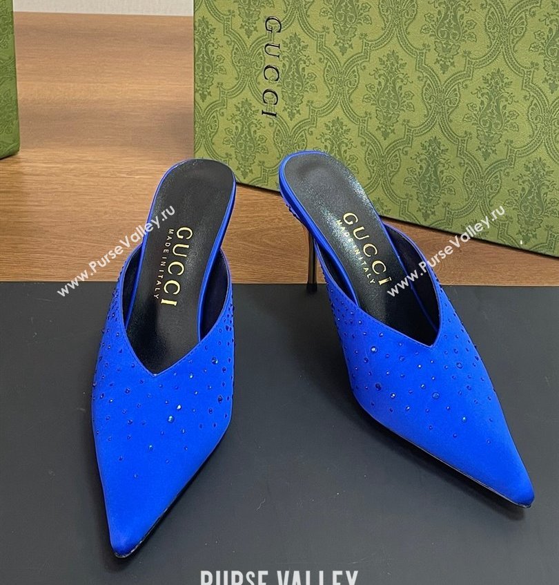 Gucci Heel 8.5cm crystal-embellished Satin Mules Blue 2024 (kaola-24030639)