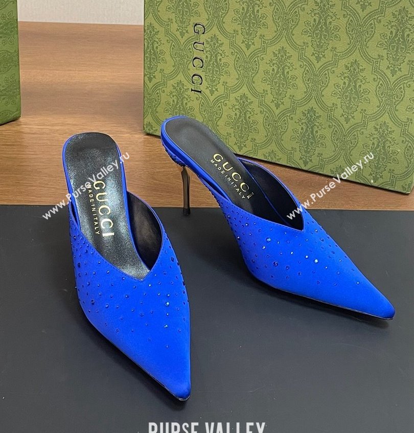 Gucci Heel 8.5cm crystal-embellished Satin Mules Blue 2024 (kaola-24030639)