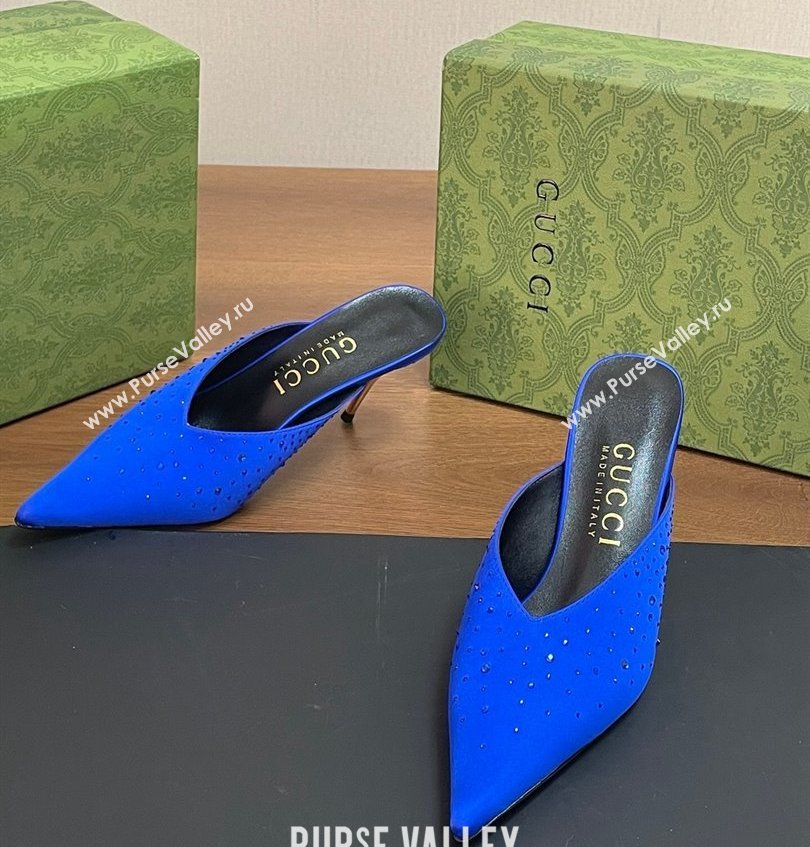 Gucci Heel 8.5cm crystal-embellished Satin Mules Blue 2024 (kaola-24030639)