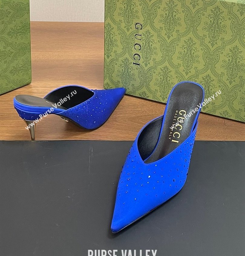 Gucci Heel 8.5cm crystal-embellished Satin Mules Blue 2024 (kaola-24030639)