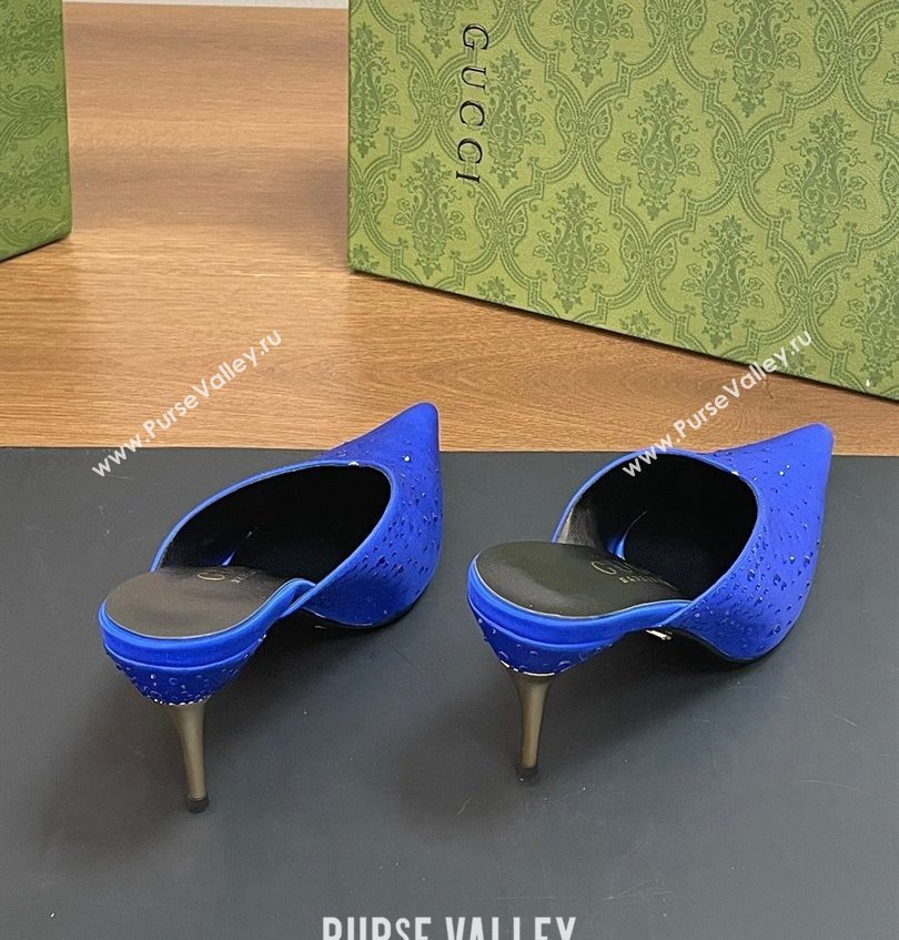 Gucci Heel 8.5cm crystal-embellished Satin Mules Blue 2024 (kaola-24030639)