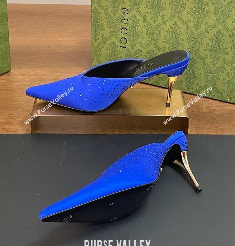 Gucci Heel 8.5cm crystal-embellished Satin Mules Blue 2024 (kaola-24030639)