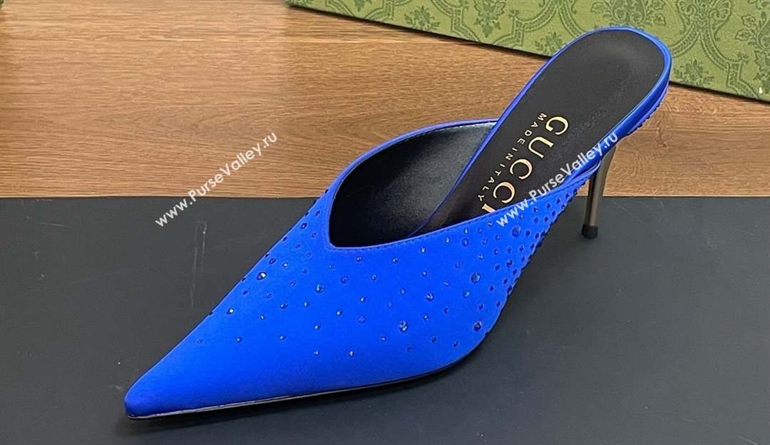 Gucci Heel 8.5cm crystal-embellished Satin Mules Blue 2024 (kaola-24030639)