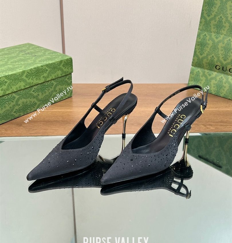 Gucci Heel 8.5cm crystal-embellished Satin Slingback Pumps Black 2024 (kaola-24030642)