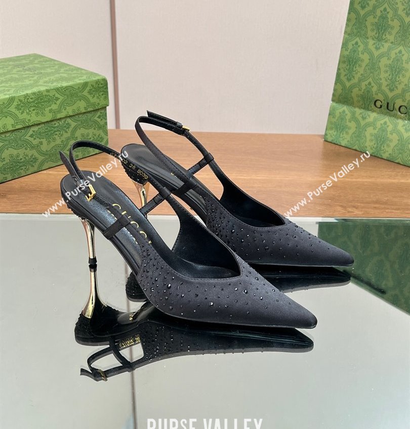 Gucci Heel 8.5cm crystal-embellished Satin Slingback Pumps Black 2024 (kaola-24030642)