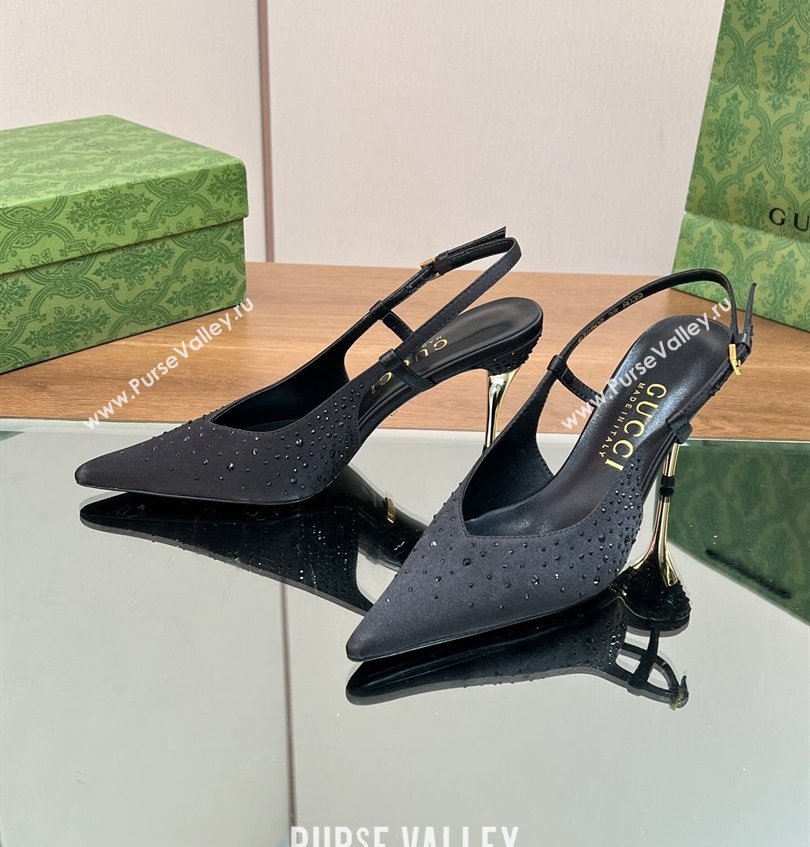 Gucci Heel 8.5cm crystal-embellished Satin Slingback Pumps Black 2024 (kaola-24030642)