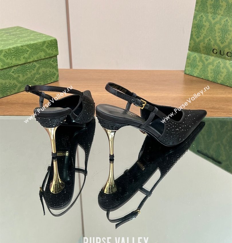 Gucci Heel 8.5cm crystal-embellished Satin Slingback Pumps Black 2024 (kaola-24030642)