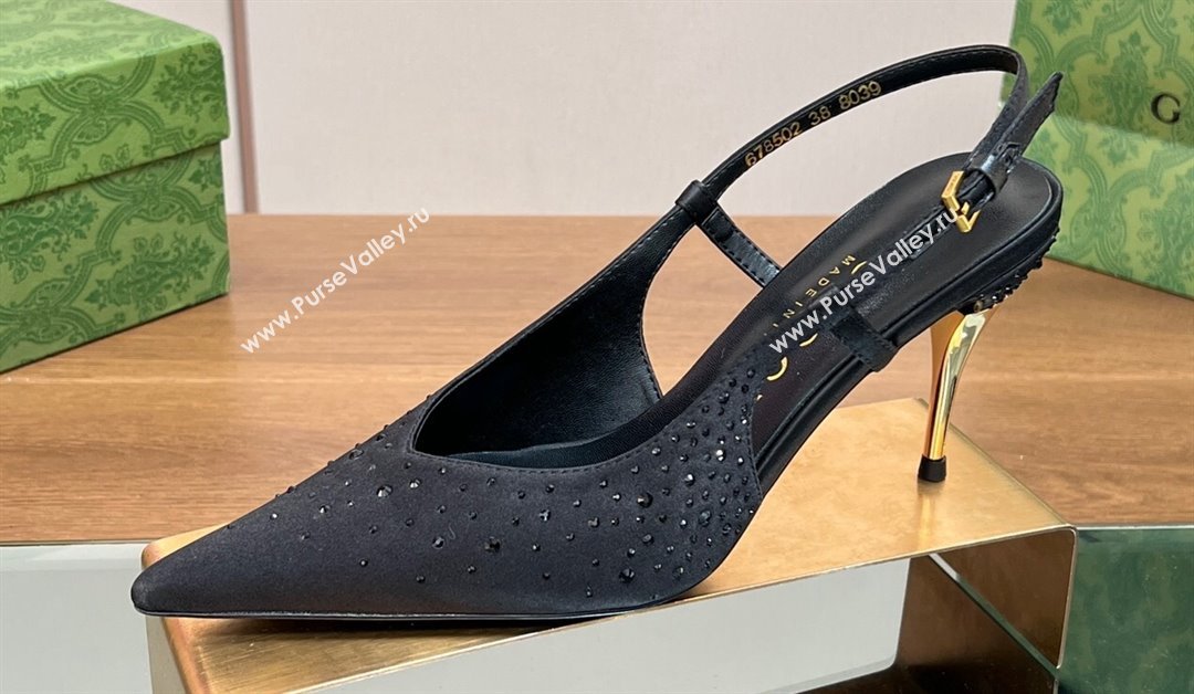 Gucci Heel 8.5cm crystal-embellished Satin Slingback Pumps Black 2024 (kaola-24030642)