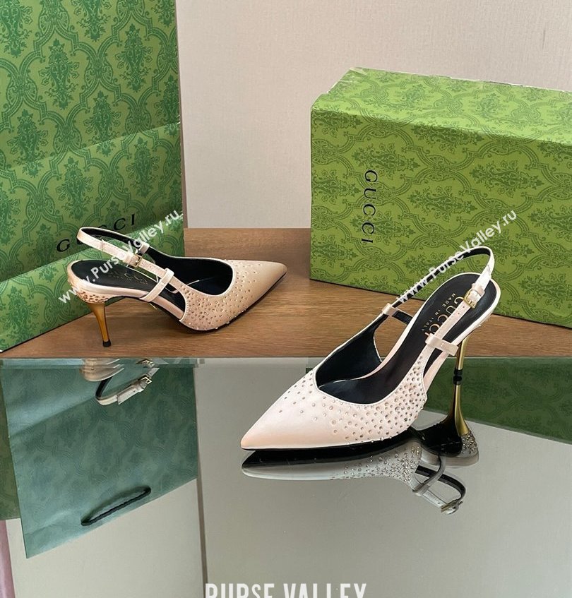 Gucci Heel 8.5cm crystal-embellished Satin Slingback Pumps White 2024 (kaola-24030643)