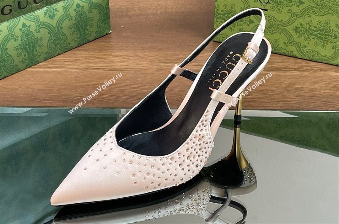 Gucci Heel 8.5cm crystal-embellished Satin Slingback Pumps White 2024 (kaola-24030643)