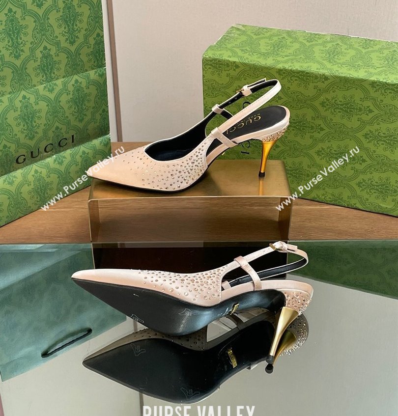 Gucci Heel 8.5cm crystal-embellished Satin Slingback Pumps White 2024 (kaola-24030643)