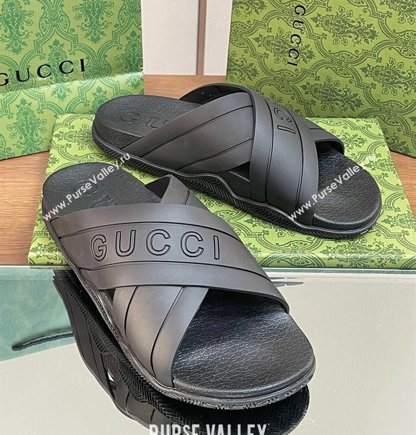 Gucci Criss-cross Rubber Women/Men Slide Sandals Black 2024 (kaola-24030631)