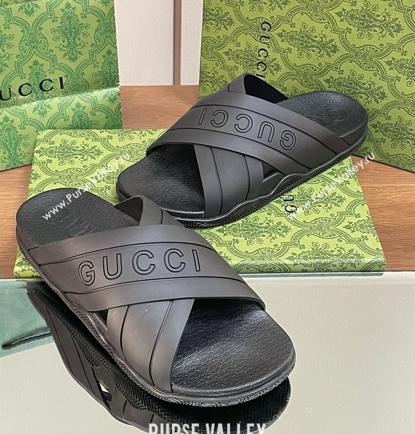 Gucci Criss-cross Rubber Women/Men Slide Sandals Black 2024 (kaola-24030631)