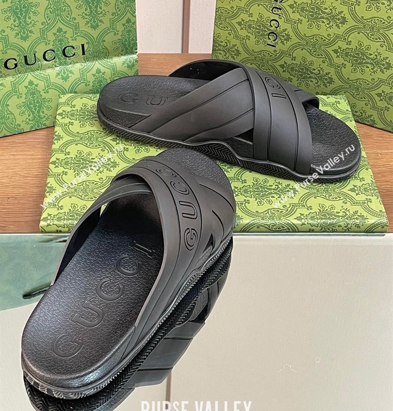 Gucci Criss-cross Rubber Women/Men Slide Sandals Black 2024 (kaola-24030631)