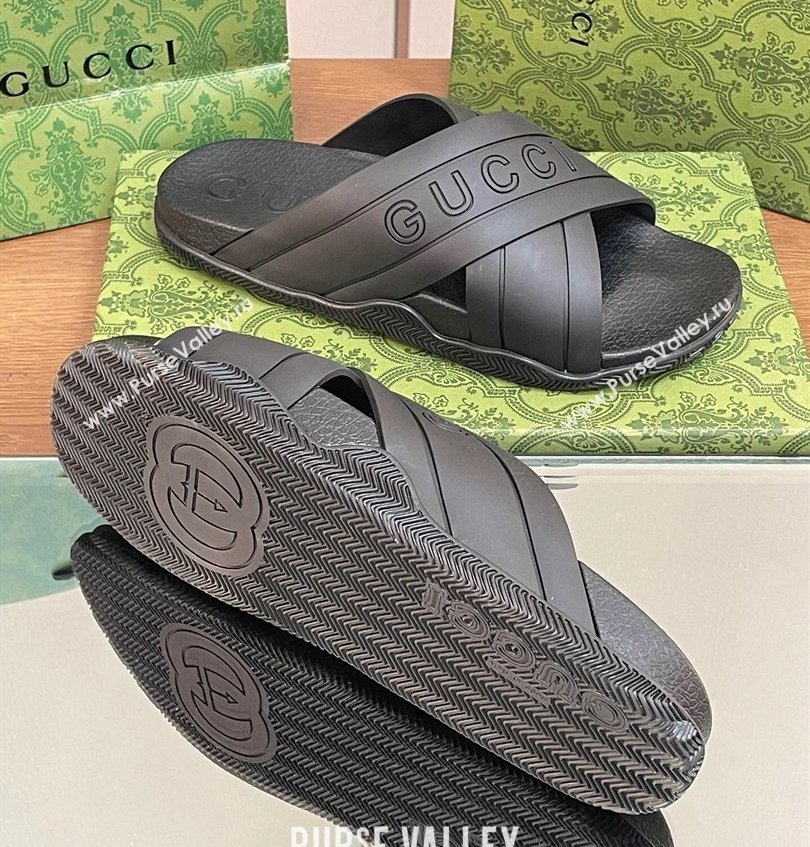 Gucci Criss-cross Rubber Women/Men Slide Sandals Black 2024 (kaola-24030631)