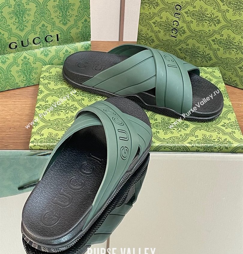 Gucci Criss-cross Rubber Women/Men Slide Sandals Green 2024 (kaola-24030632)