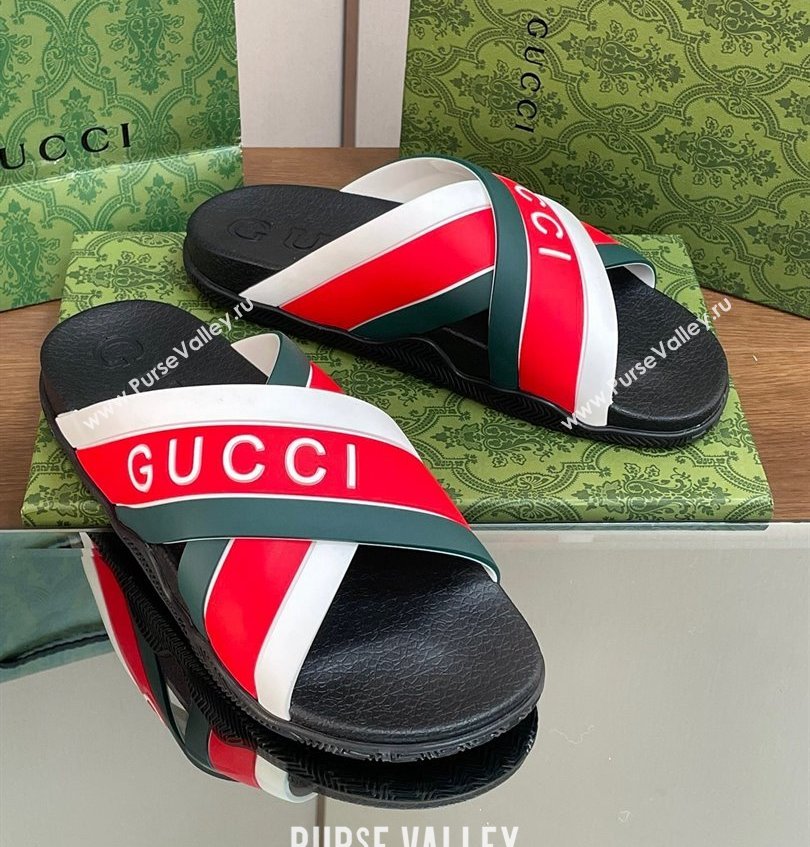 Gucci Criss-cross Rubber Women/Men Slide Sandals Logo White/Red/Green 2024 (kaola-24030633)