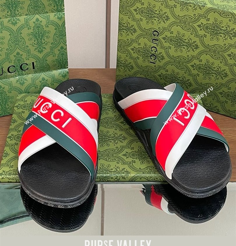 Gucci Criss-cross Rubber Women/Men Slide Sandals Logo White/Red/Green 2024 (kaola-24030633)