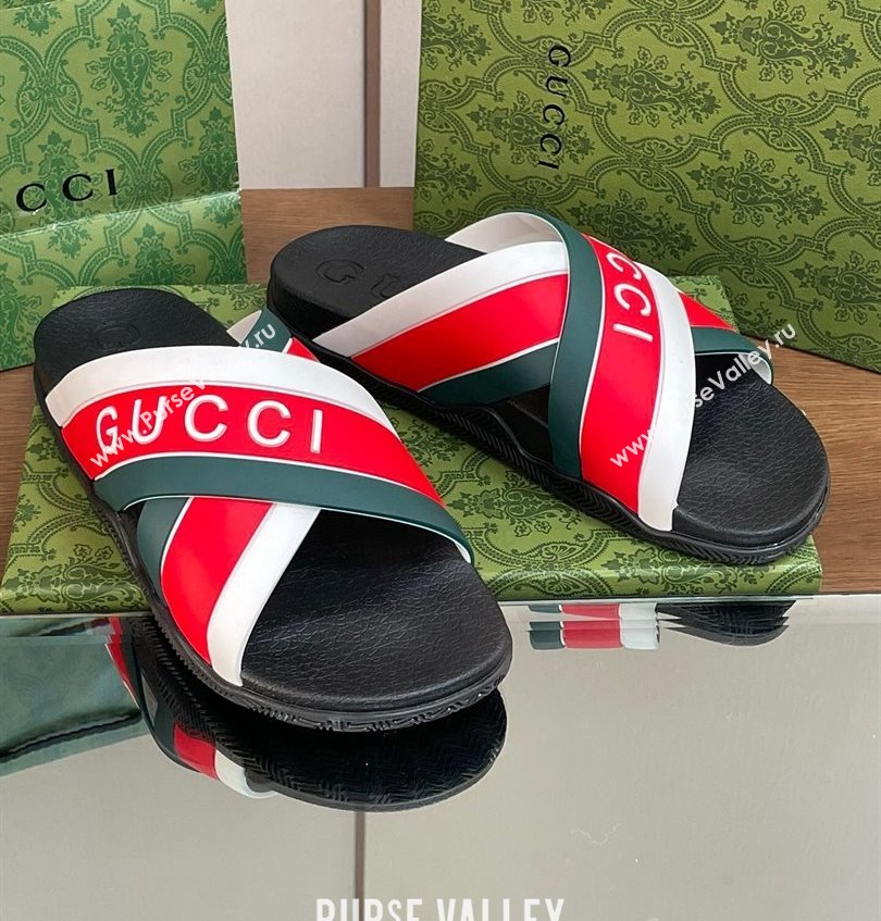 Gucci Criss-cross Rubber Women/Men Slide Sandals Logo White/Red/Green 2024 (kaola-24030633)