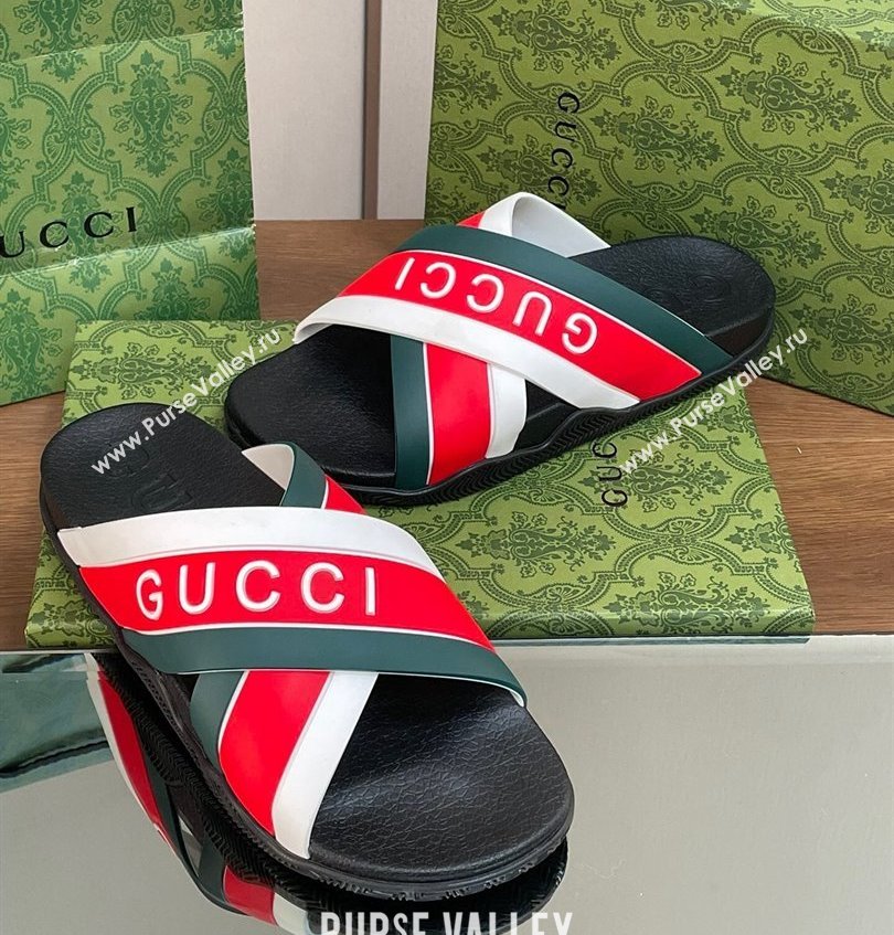 Gucci Criss-cross Rubber Women/Men Slide Sandals Logo White/Red/Green 2024 (kaola-24030633)