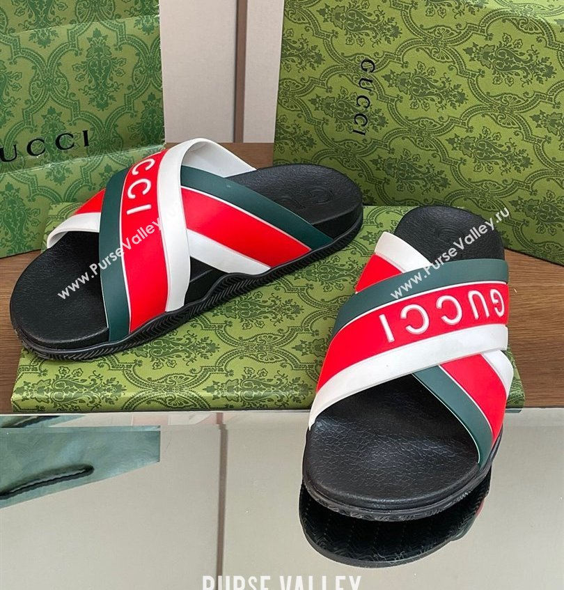 Gucci Criss-cross Rubber Women/Men Slide Sandals Logo White/Red/Green 2024 (kaola-24030633)