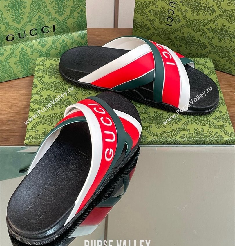 Gucci Criss-cross Rubber Women/Men Slide Sandals Logo White/Red/Green 2024 (kaola-24030633)