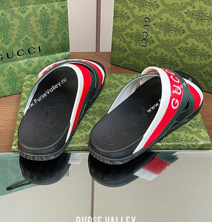 Gucci Criss-cross Rubber Women/Men Slide Sandals Logo White/Red/Green 2024 (kaola-24030633)