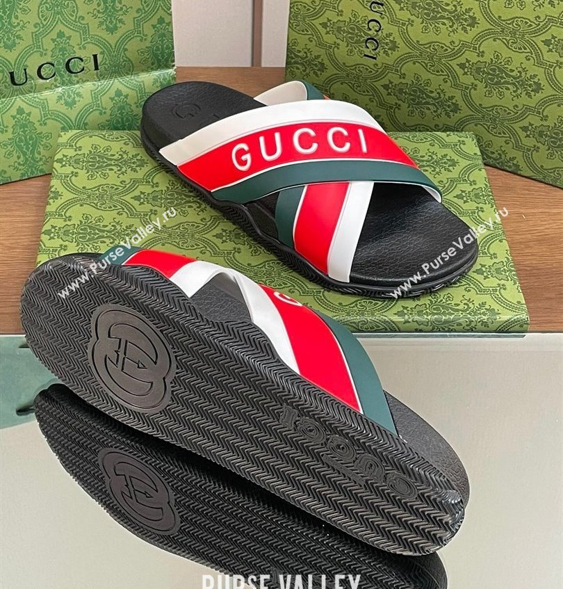 Gucci Criss-cross Rubber Women/Men Slide Sandals Logo White/Red/Green 2024 (kaola-24030633)