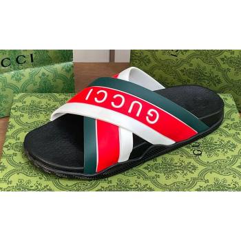 Gucci Criss-cross Rubber Women/Men Slide Sandals Logo White/Red/Green 2024 (kaola-24030633)