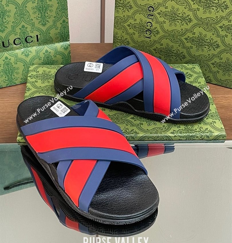 Gucci Criss-cross Rubber Women/Men Slide Sandals Red/Blue 2024 (kaola-24030636)