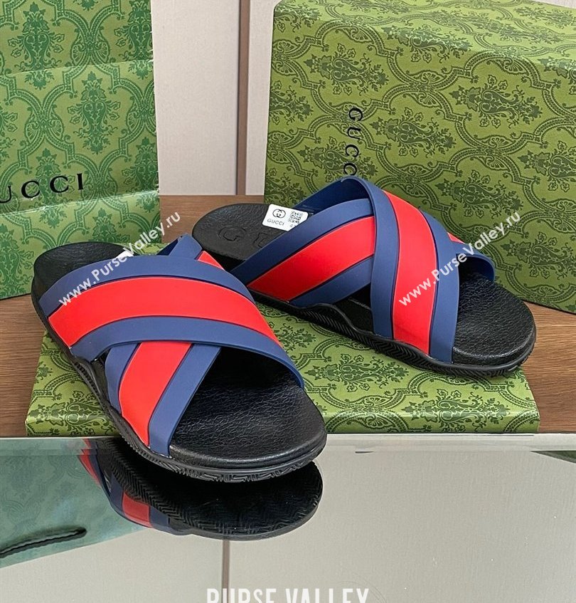 Gucci Criss-cross Rubber Women/Men Slide Sandals Red/Blue 2024 (kaola-24030636)