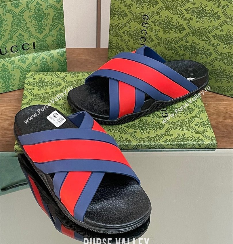 Gucci Criss-cross Rubber Women/Men Slide Sandals Red/Blue 2024 (kaola-24030636)