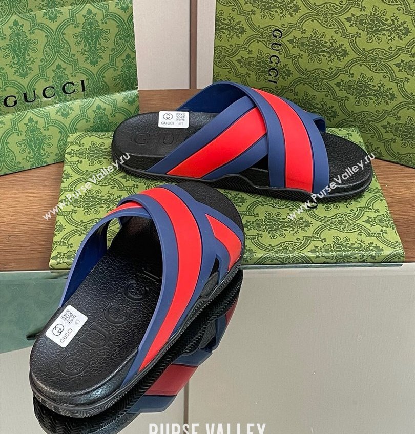 Gucci Criss-cross Rubber Women/Men Slide Sandals Red/Blue 2024 (kaola-24030636)