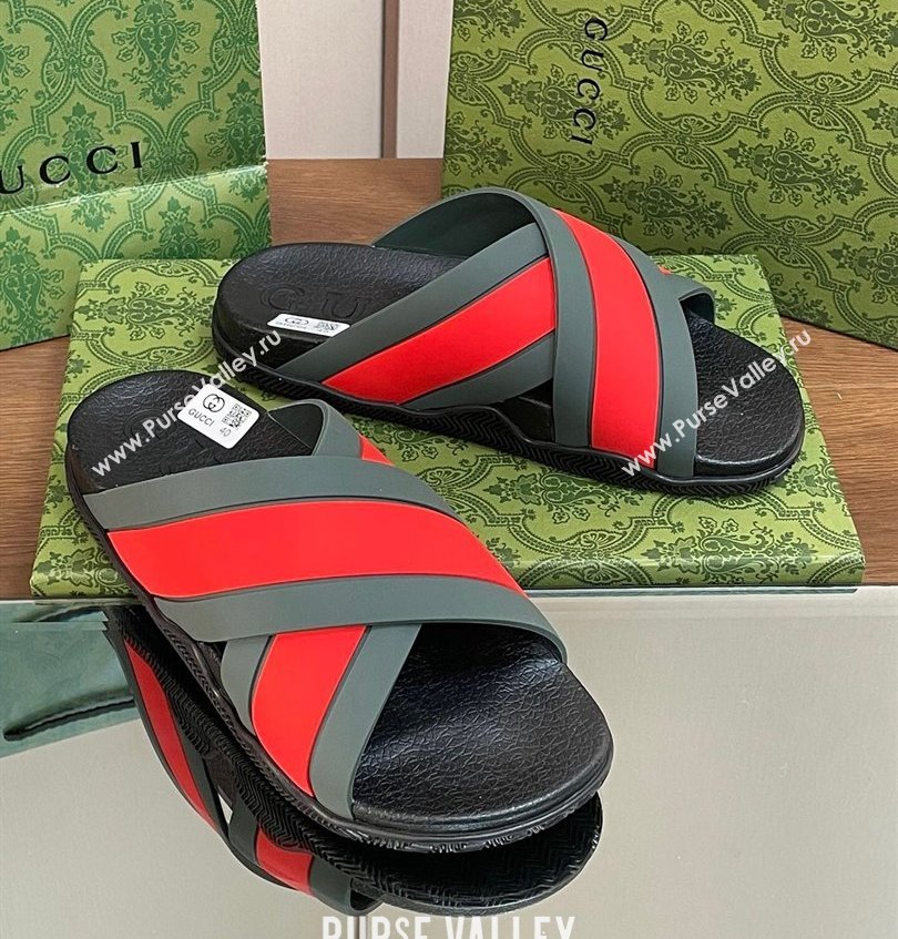 Gucci Criss-cross Rubber Women/Men Slide Sandals Red/Green 2024 (kaola-24030635)