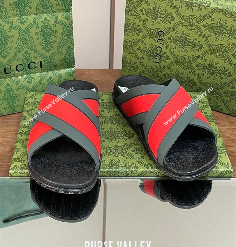 Gucci Criss-cross Rubber Women/Men Slide Sandals Red/Green 2024 (kaola-24030635)