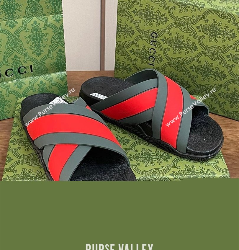 Gucci Criss-cross Rubber Women/Men Slide Sandals Red/Green 2024 (kaola-24030635)