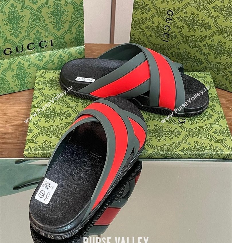 Gucci Criss-cross Rubber Women/Men Slide Sandals Red/Green 2024 (kaola-24030635)