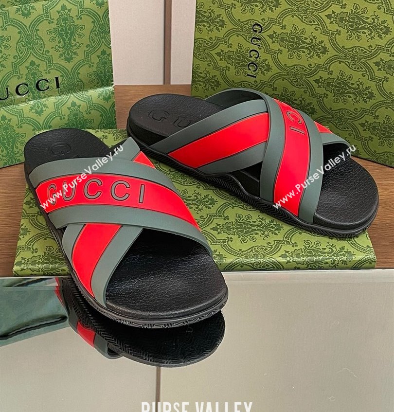 Gucci Criss-cross Rubber Women/Men Slide Sandals Logo Red/Green 2024 (kaola-24030634)